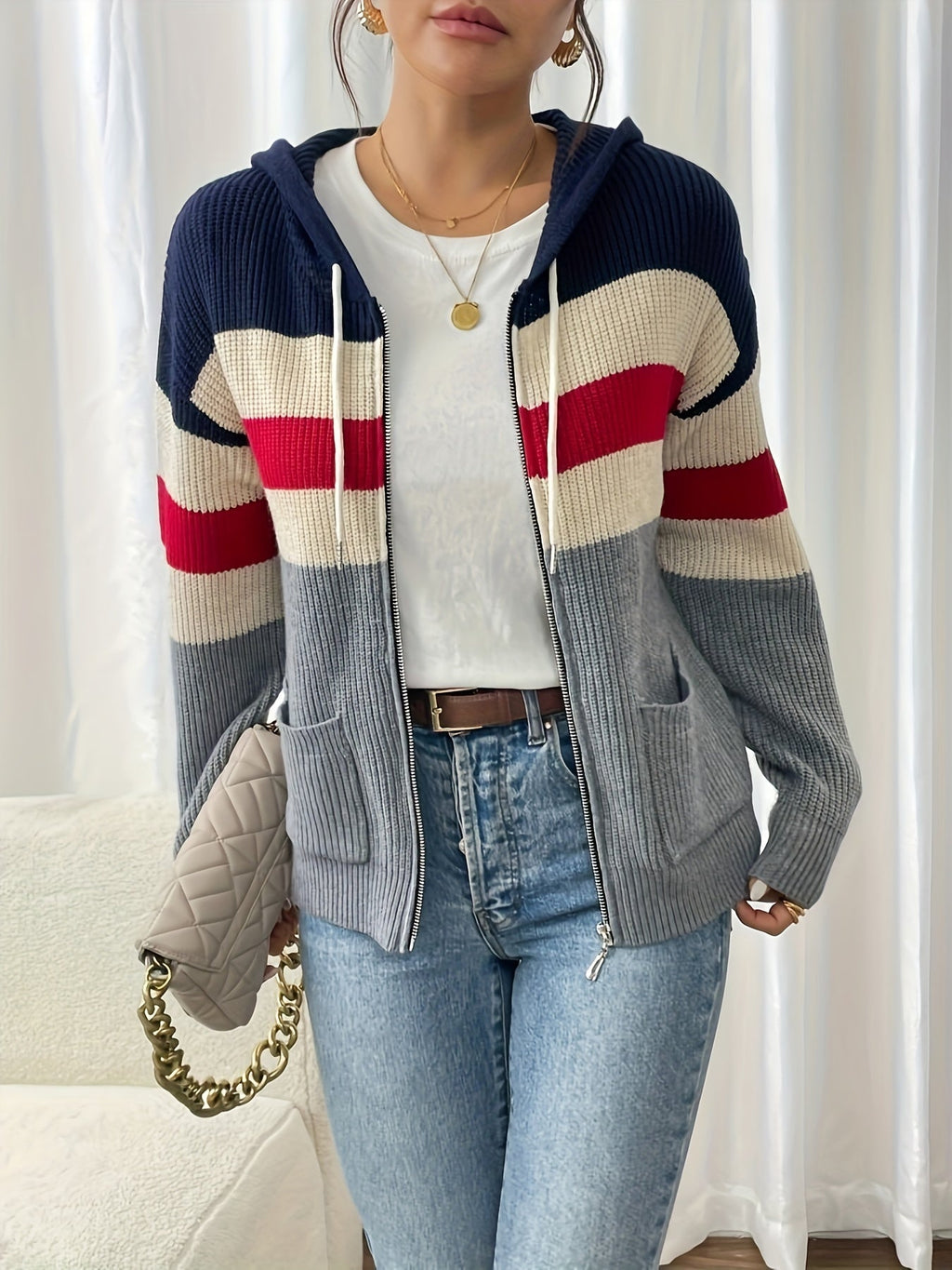 Women's Multicolor Rib Knit Hooded Zip-Up Cardigan