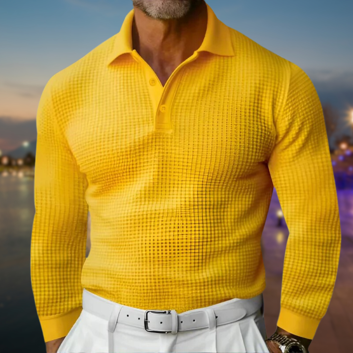 Men's Textured Long Sleeve Polo Shirt with Button Placket