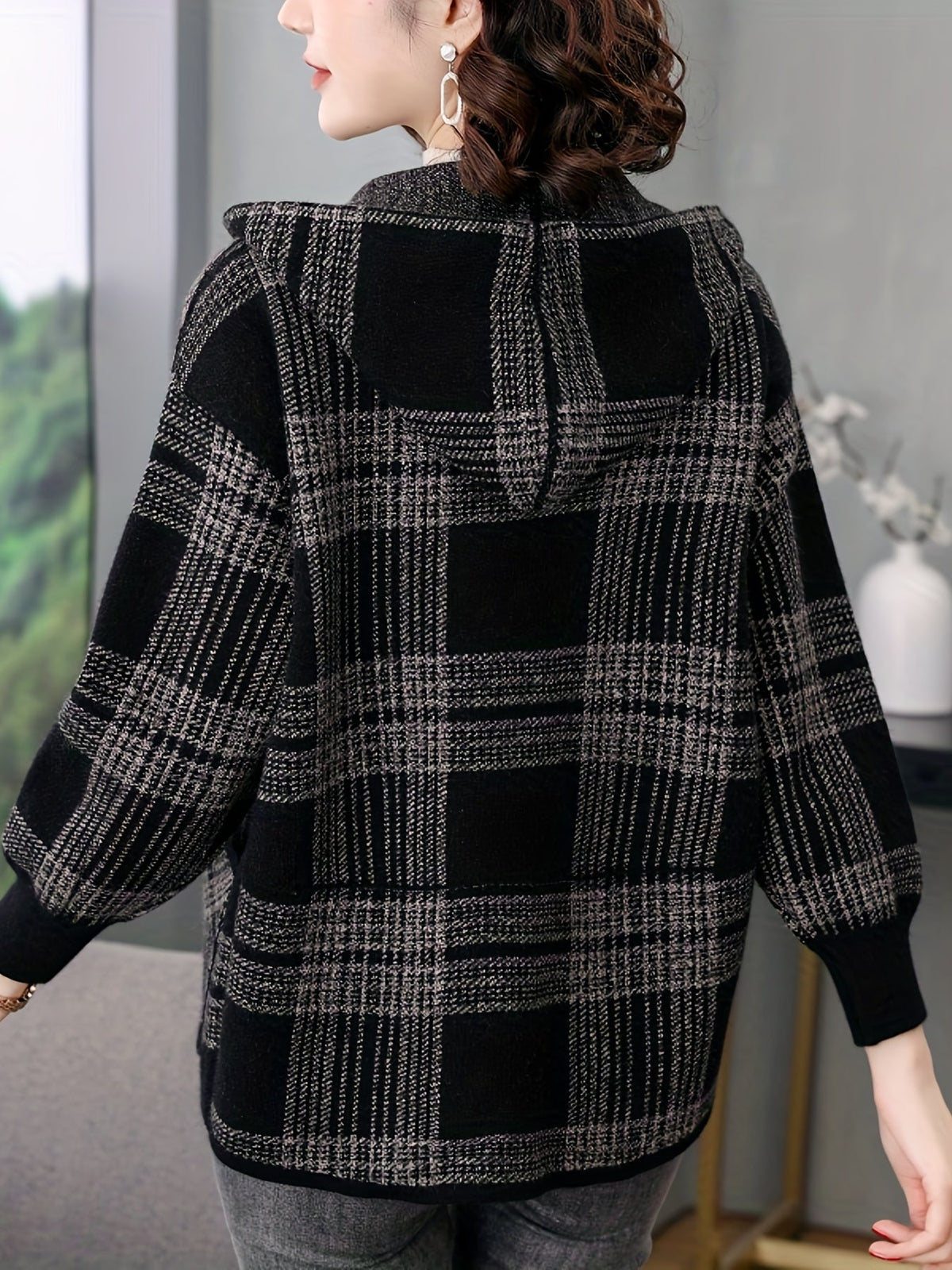 Women's Relaxed Checked Hoodie Jacket with Full Zipper