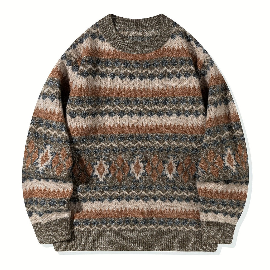 Women's Relaxed Nordic-Pattern Knit Sweater - Gray & Brown