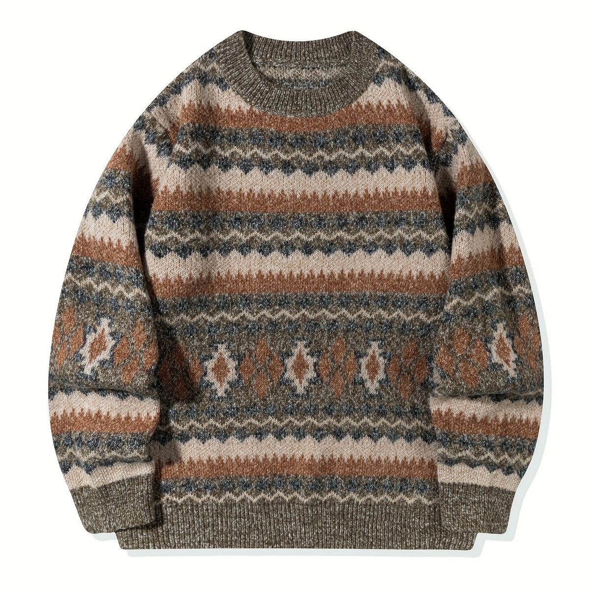 Women's Relaxed Nordic-Pattern Knit Sweater - Gray & Brown