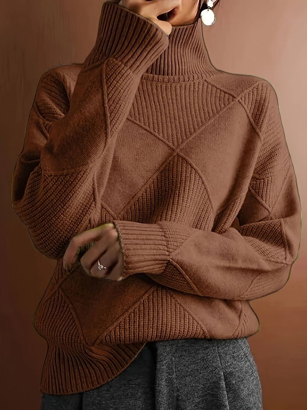 Women's Insulating Knit Turtleneck with Diamond Stitch Detail