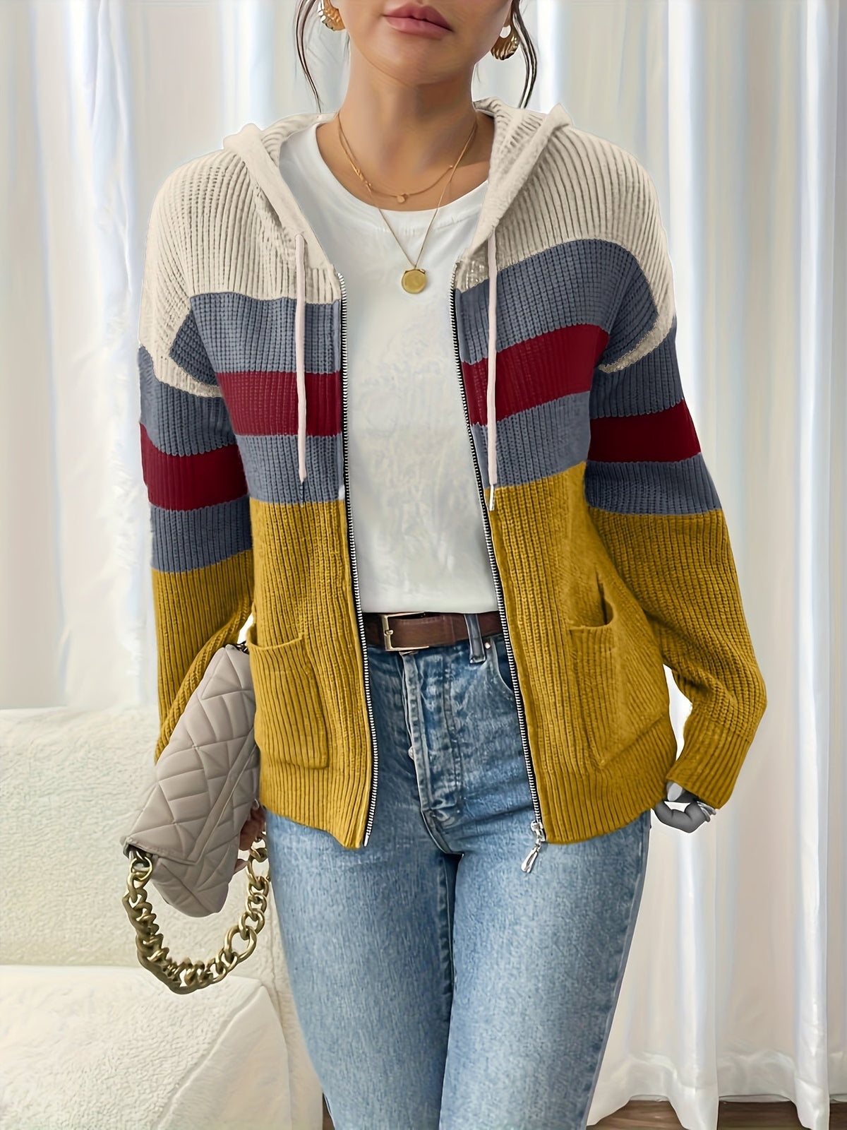 Women's Multicolor Rib Knit Hooded Zip-Up Cardigan