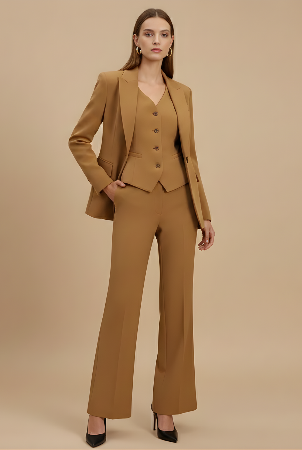 Women's Flared Leg Three-Piece Pantsuit for Formal Events - Brown