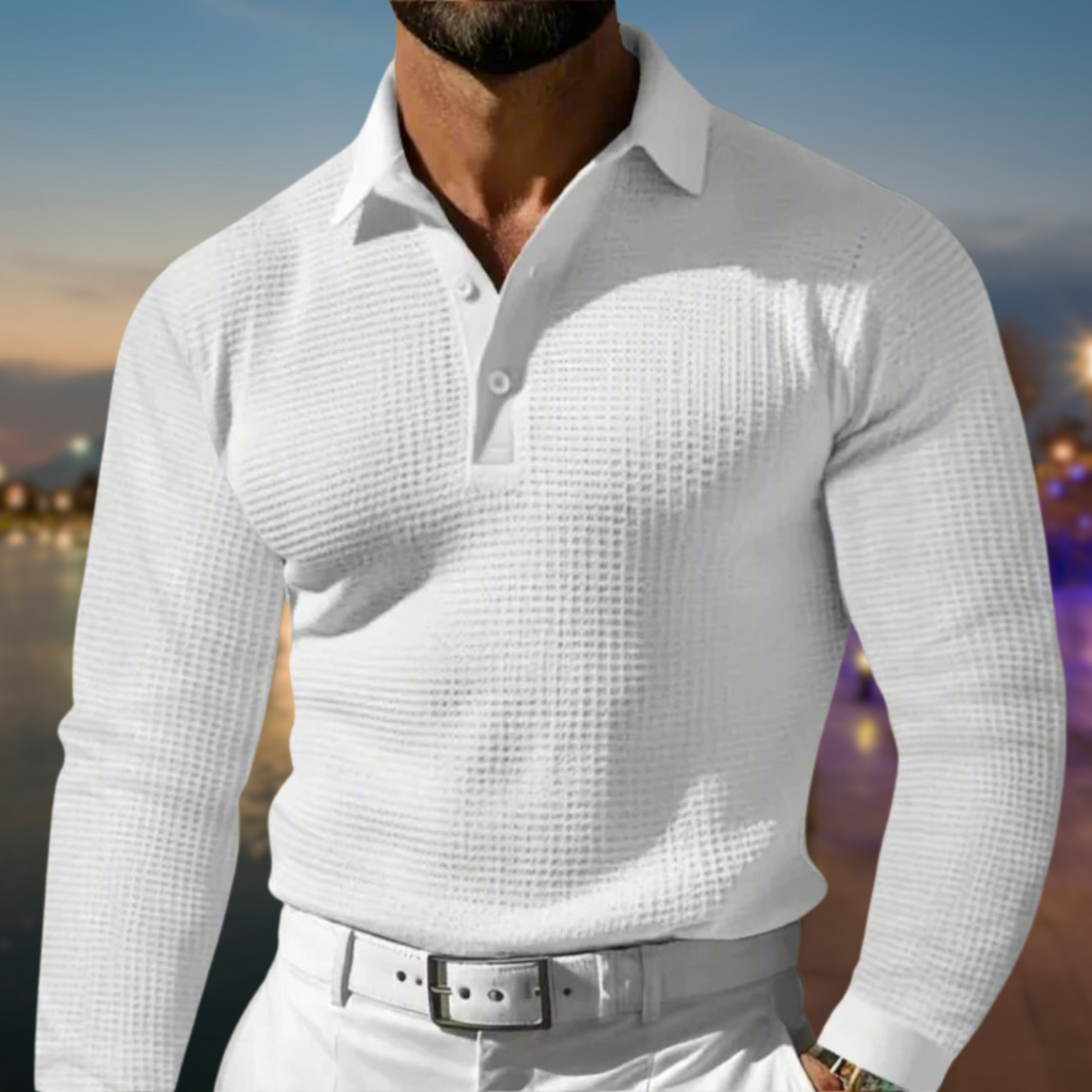 Men's Textured Long Sleeve Polo Shirt with Button Placket