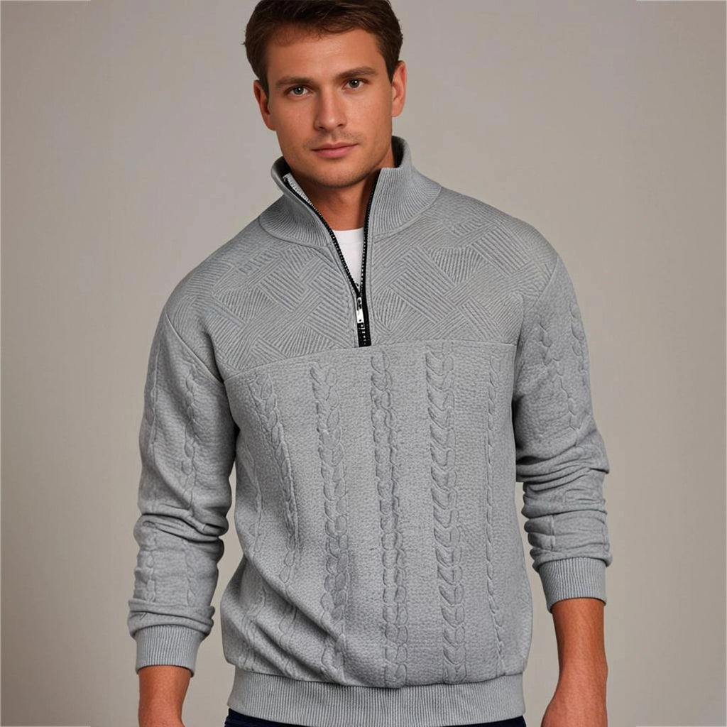 Men's Cable Knit Half Zip Sweater with Textured Yoke