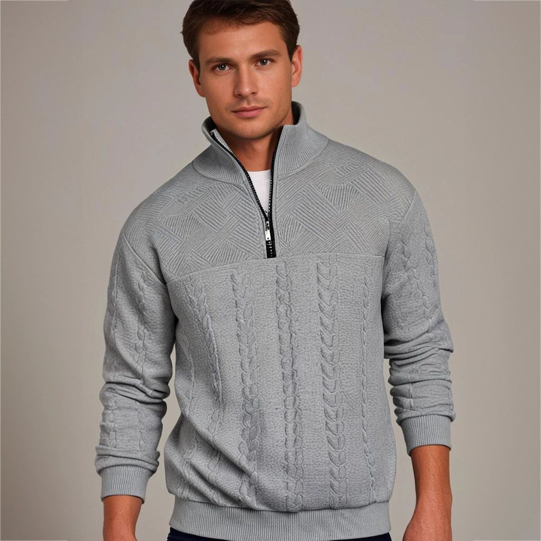 Men's Cable Knit Half Zip Sweater with Textured Yoke