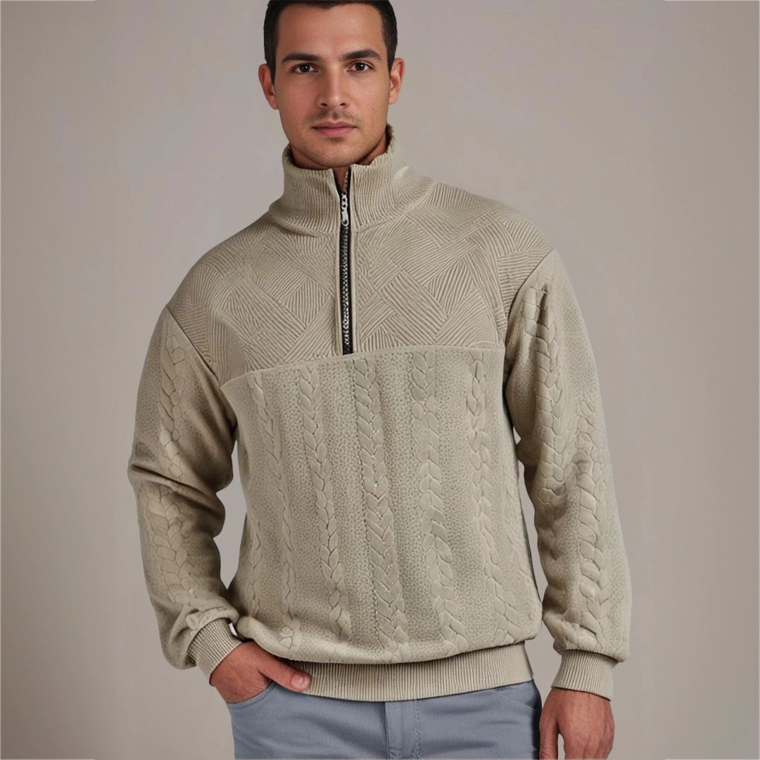 Men's Cable Knit Half Zip Sweater with Textured Yoke