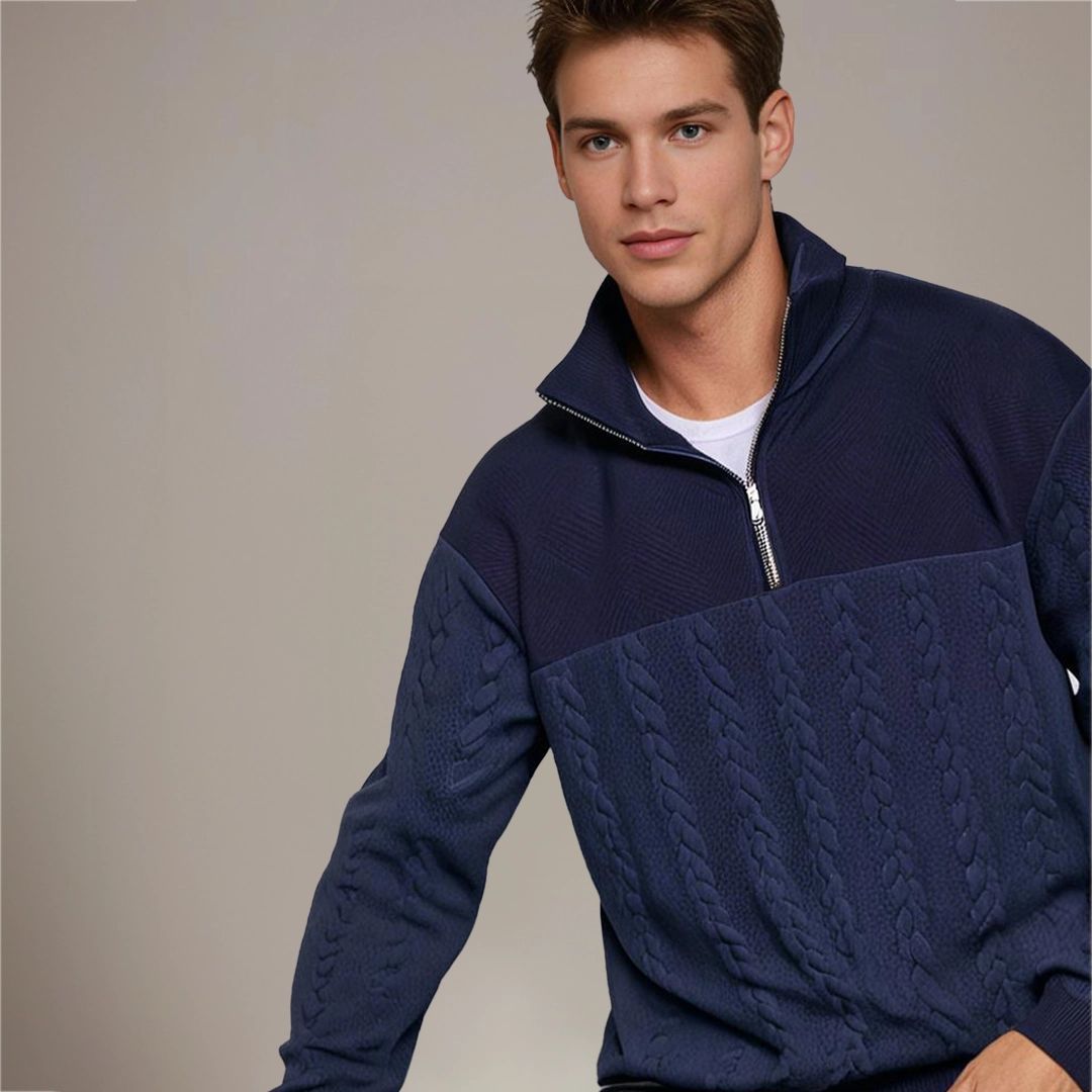 Men's Cable Knit Half Zip Sweater with Textured Yoke