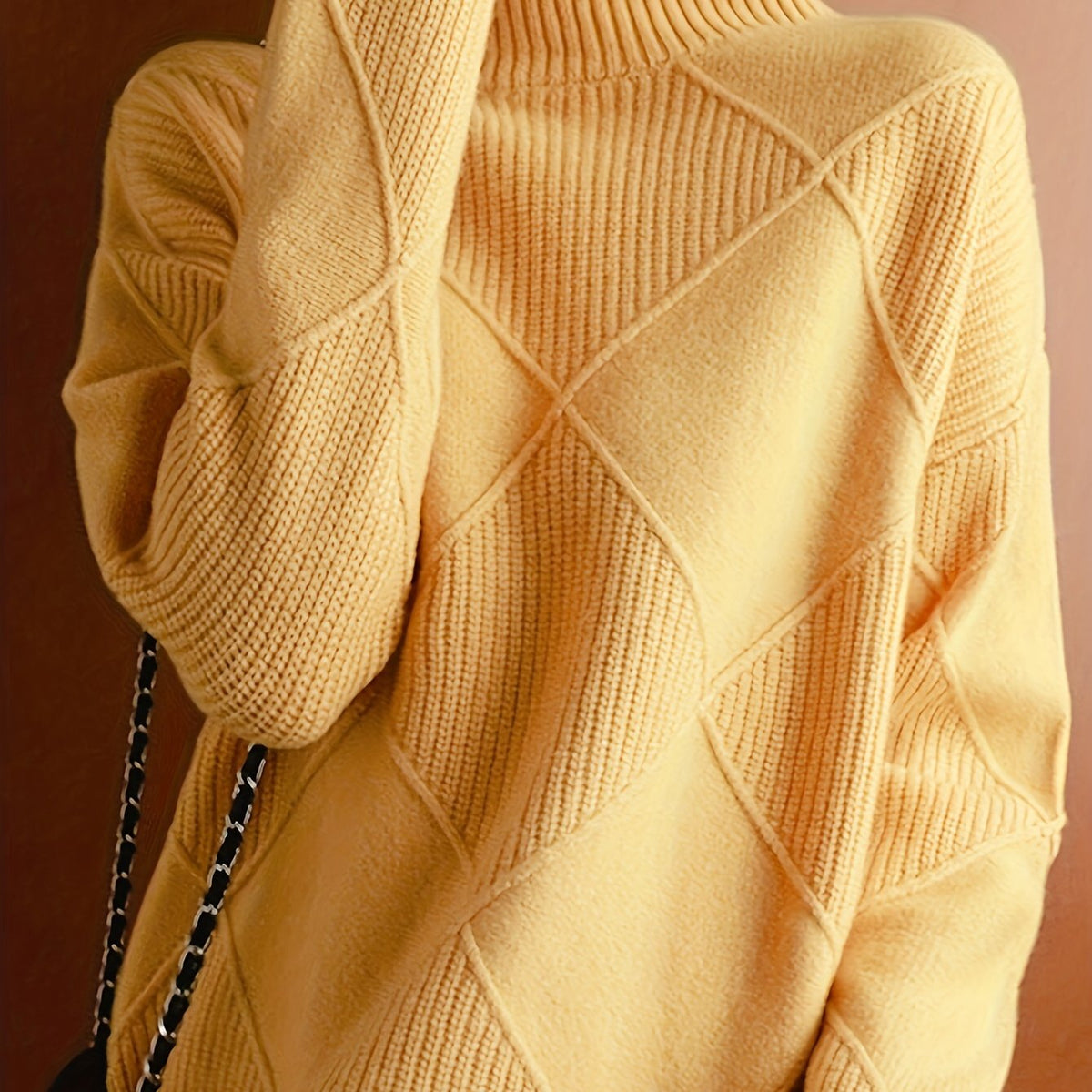 Women's Insulating Knit Turtleneck with Diamond Stitch Detail - Yellow