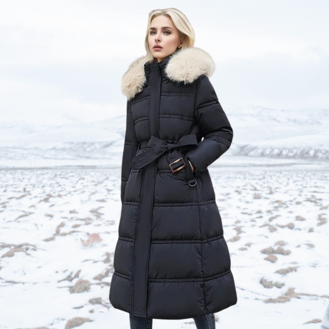 Women's Faux Fur Collar Long Puffer Coat with Side Pockets - Black