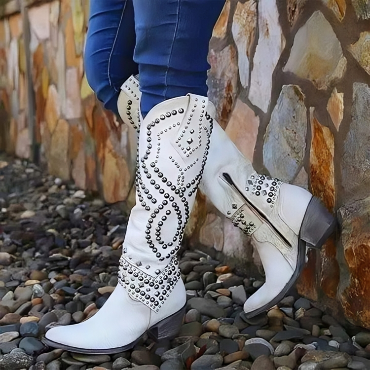 Women's Tall Studded Cowgirl Boots for Concerts and Weekends - White