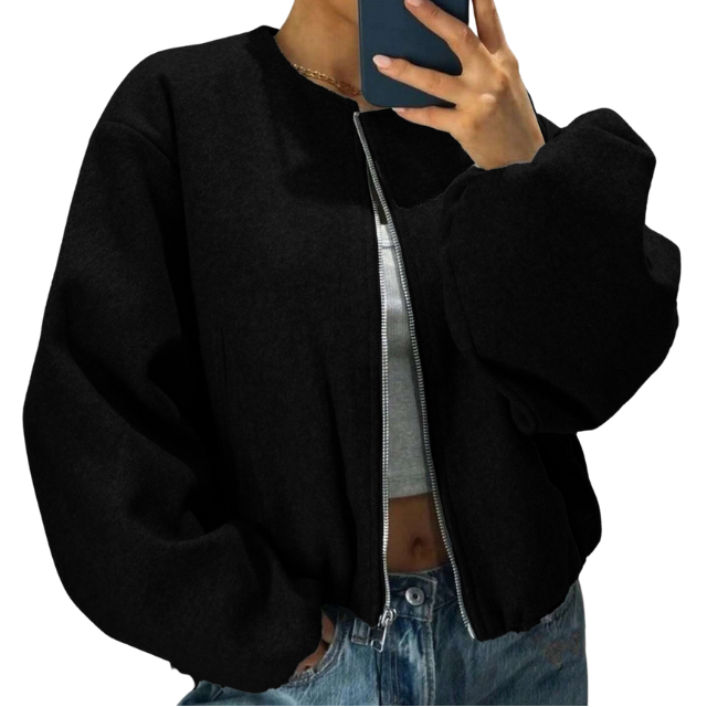 Women's Balloon-Sleeve Short Bomber Jacket - Black
