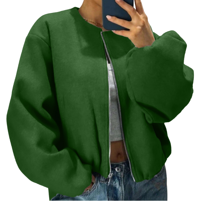 Women's Balloon-Sleeve Short Bomber Jacket - Green