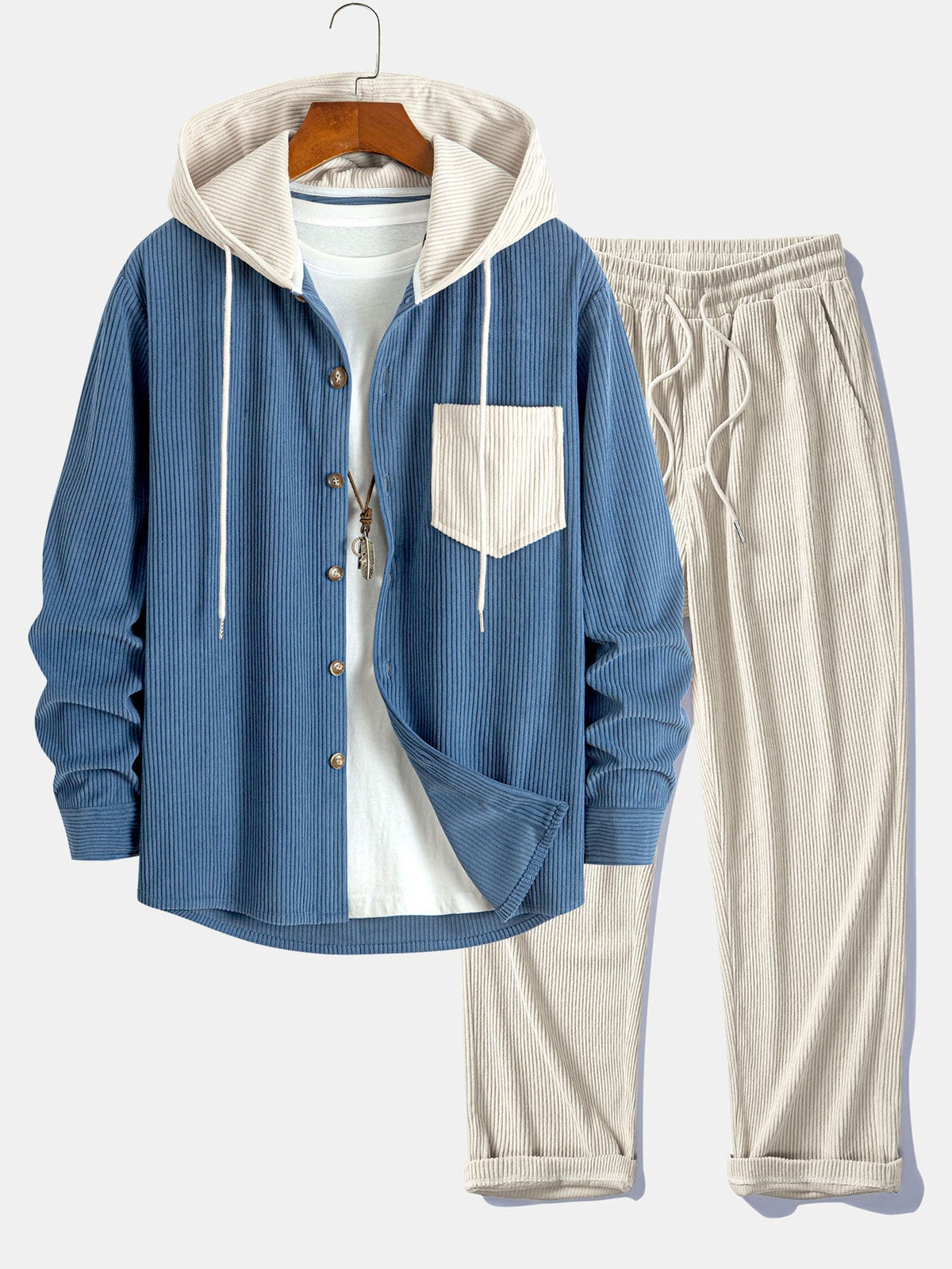 Men's Relaxed Corduroy Two-Piece Hooded Weekend Set - Blue/Cream