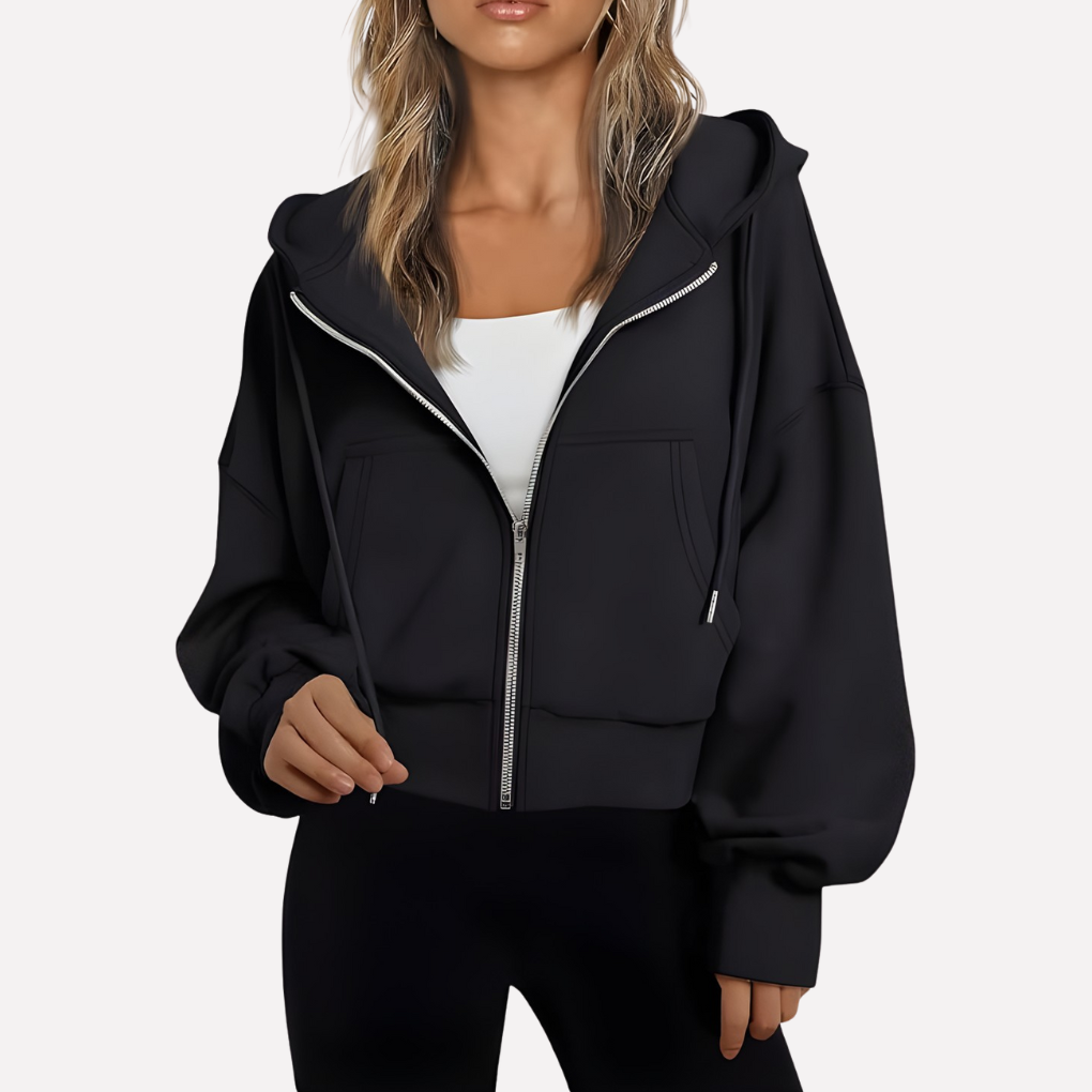 Women's Zip Hoodie Relaxed Fit Cropped Drawstring Jacket