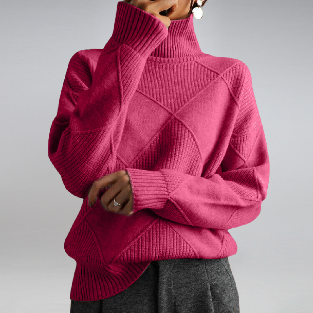 Women's Diamond Knit Turtleneck Pullover in Warm Wool Blend - Pink