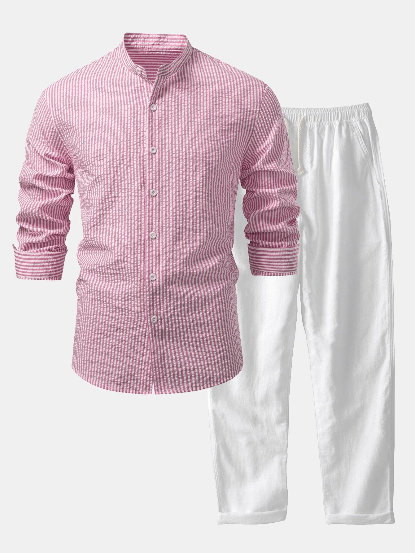 Men's Lightweight Stand Collar Co Ord Seersucker Shirt Linen