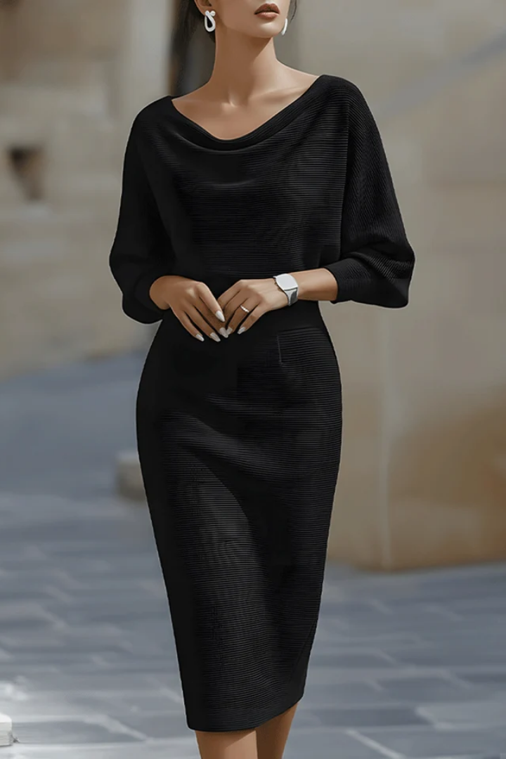 Women's Relaxed Cowl Drape Midi Dress with Loose Sleeves