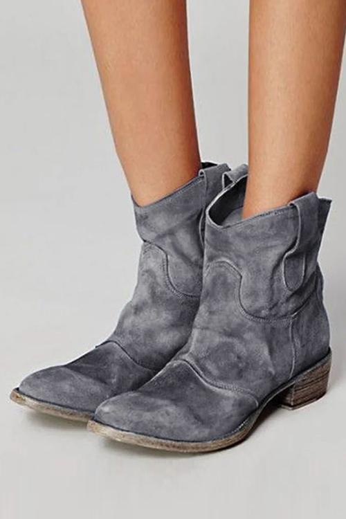 Women's Vintage Western Suede Booties with Stacked Heel - Gray