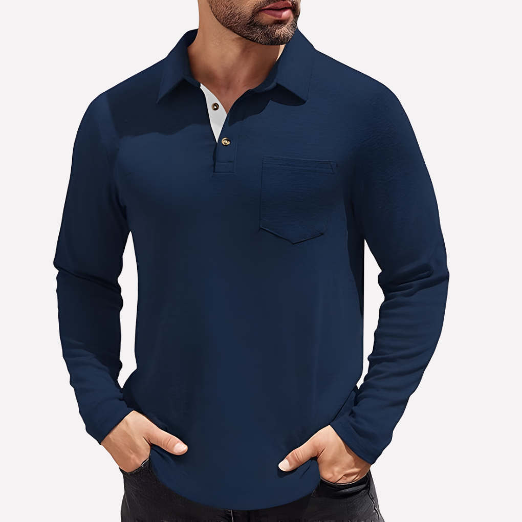 Men's Long Sleeve Polo Shirt Chest Pocket Casual Fit