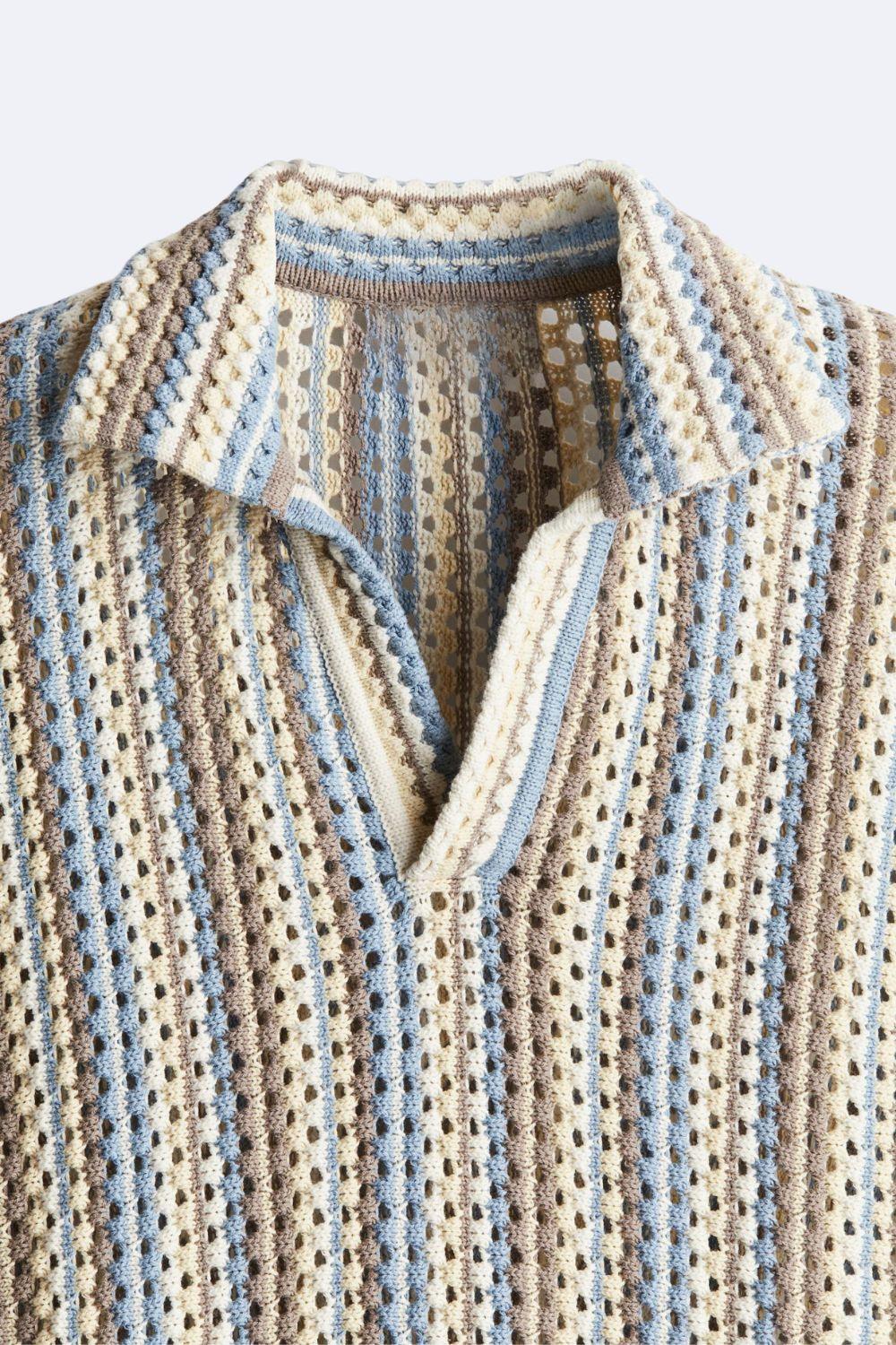 Men's Textured Knitted Stripe Polo Relaxed Summer Shirt