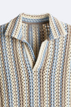 Men's Textured Knitted Stripe Polo Relaxed Summer Shirt