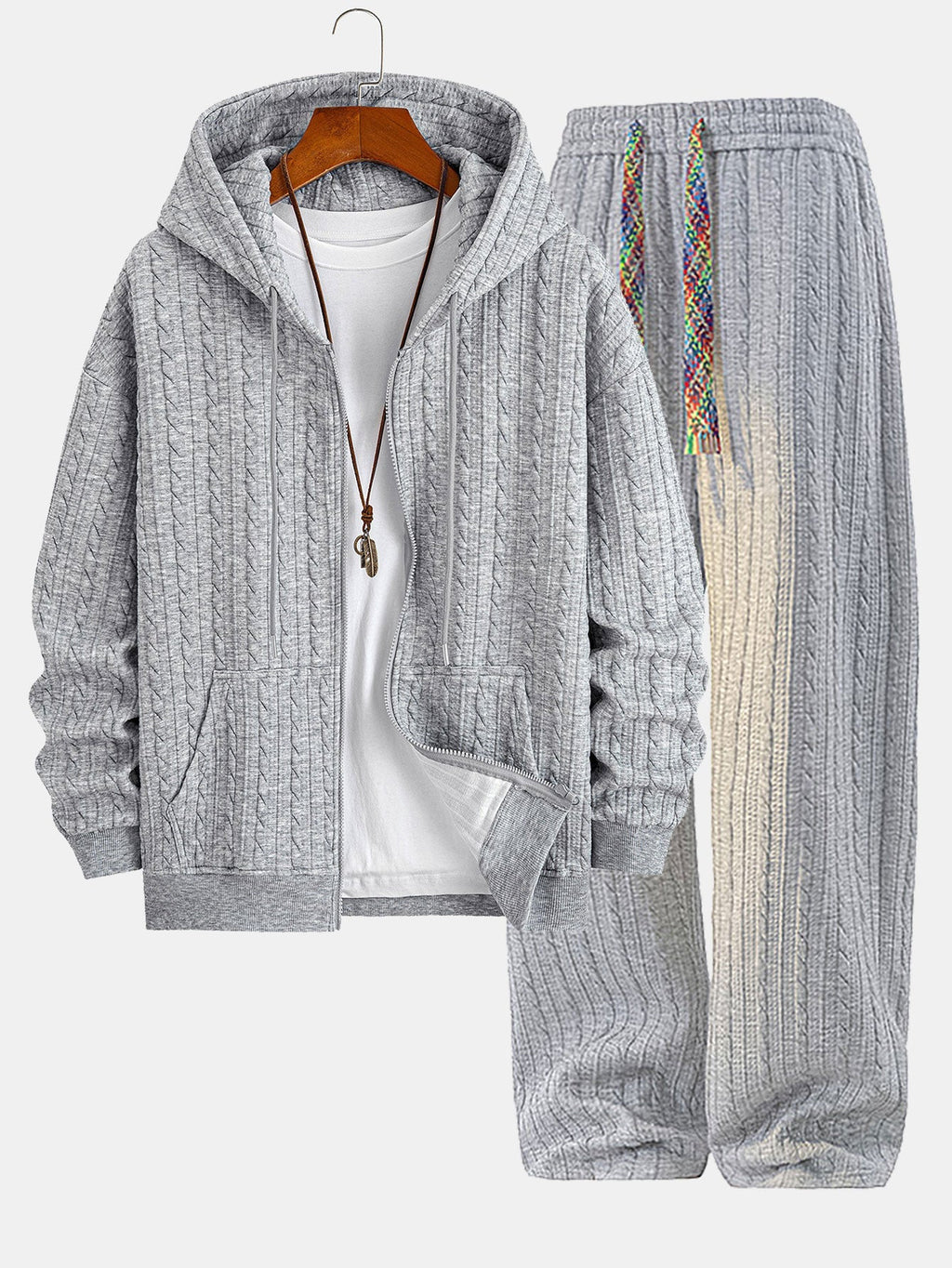 Men's Textured Zip Hoodie Tracksuit Jacquard Straight Leg Set