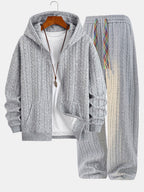 Men's Textured Zip Hoodie Tracksuit Jacquard Straight Leg Set