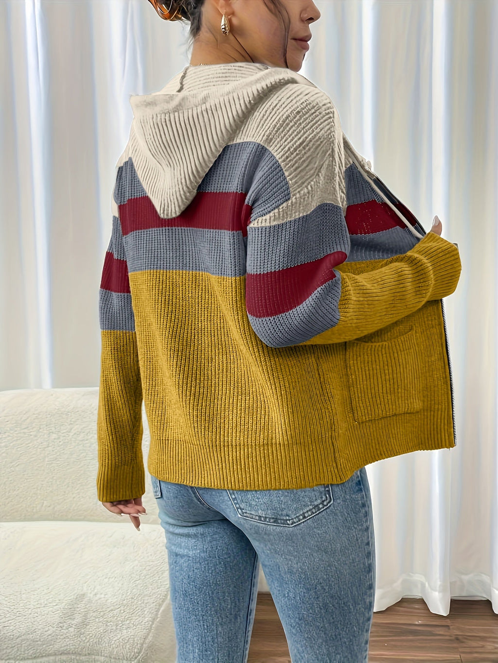 Women's Multicolor Rib Knit Hooded Zip-Up Cardigan