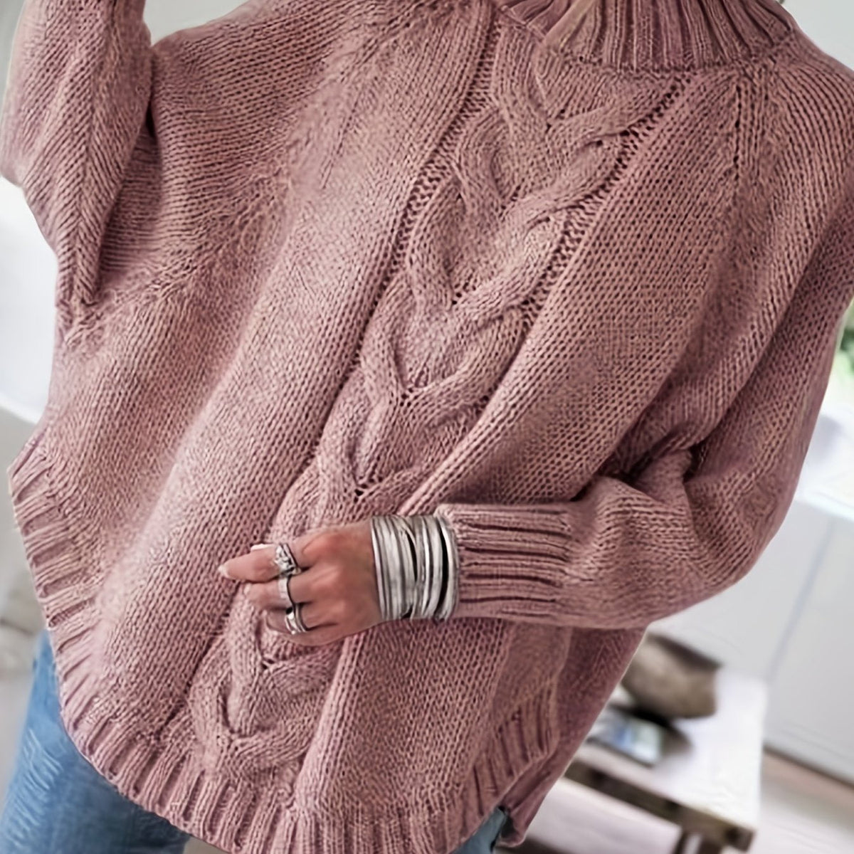 Women's Thick Textured High-Neck Sweater with Cable Detail - Pale Pinkish Gray