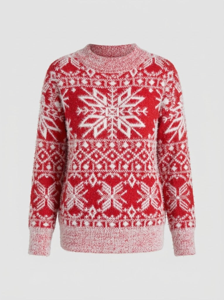 Women's Snowflake Crew Neck Winter Sweater with Ribbed Edges - Red/White