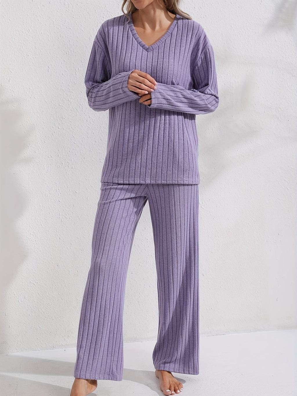 Women's Purple Ribbed Top and Loose Pants Stay-In Set