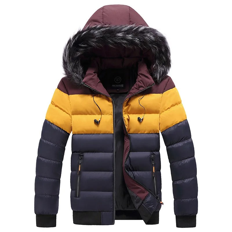 Men's Winter Down Jacket With Fur-Trim Hood and Zip Pockets - Navy Blue