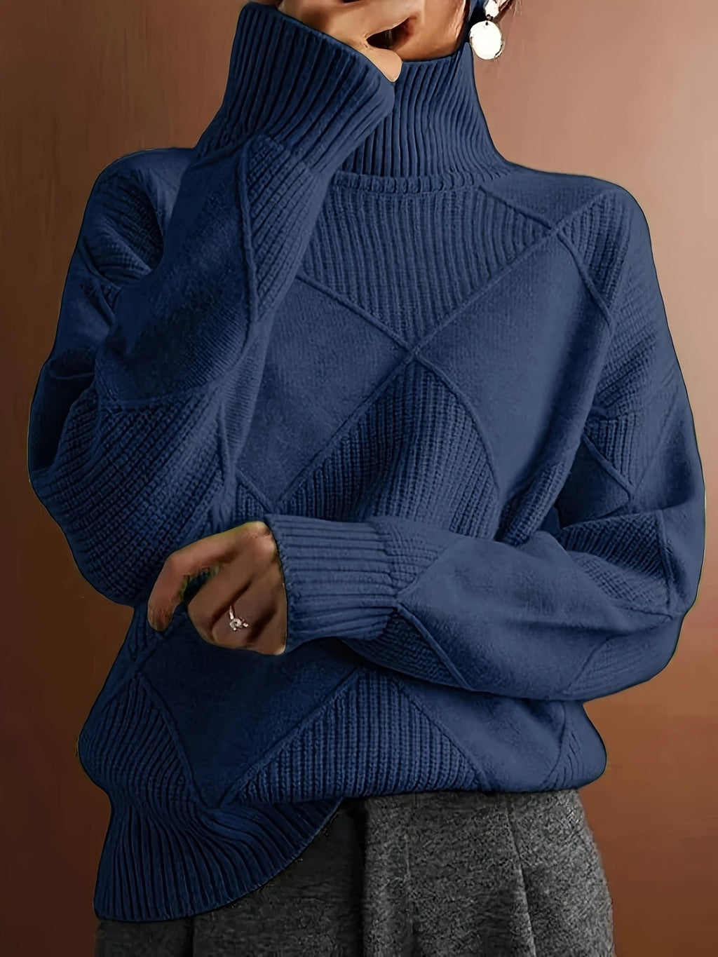 Women's Insulating Knit Turtleneck with Diamond Stitch Detail