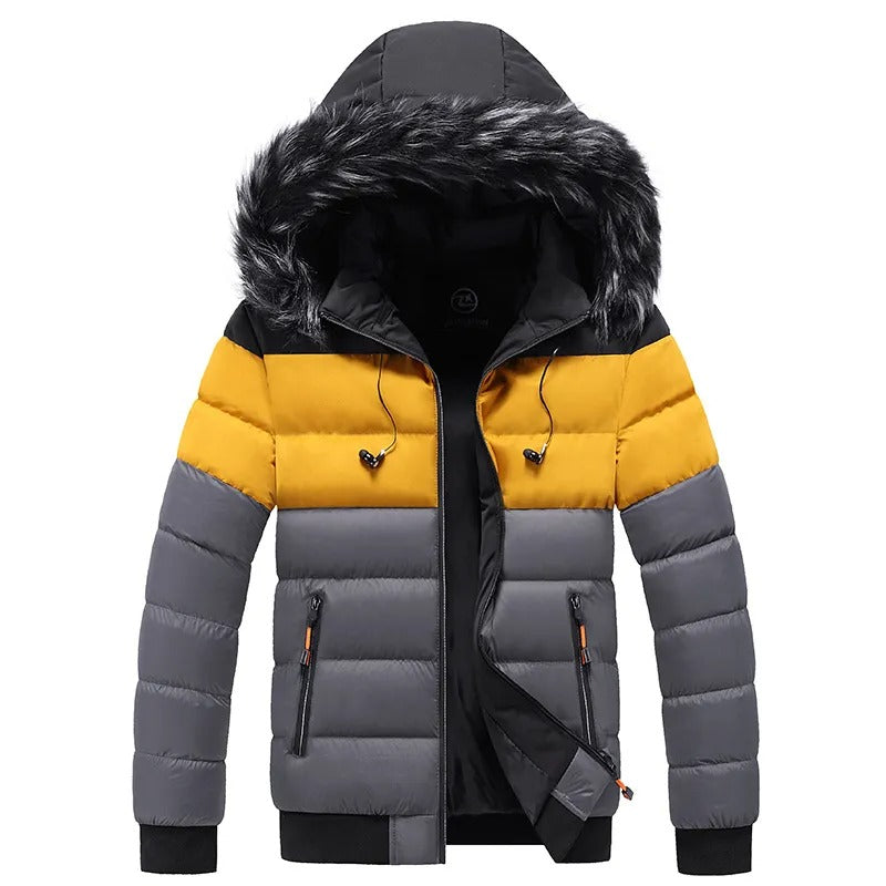 Men's Winter Down Jacket With Fur-Trim Hood and Zip Pockets - Gray