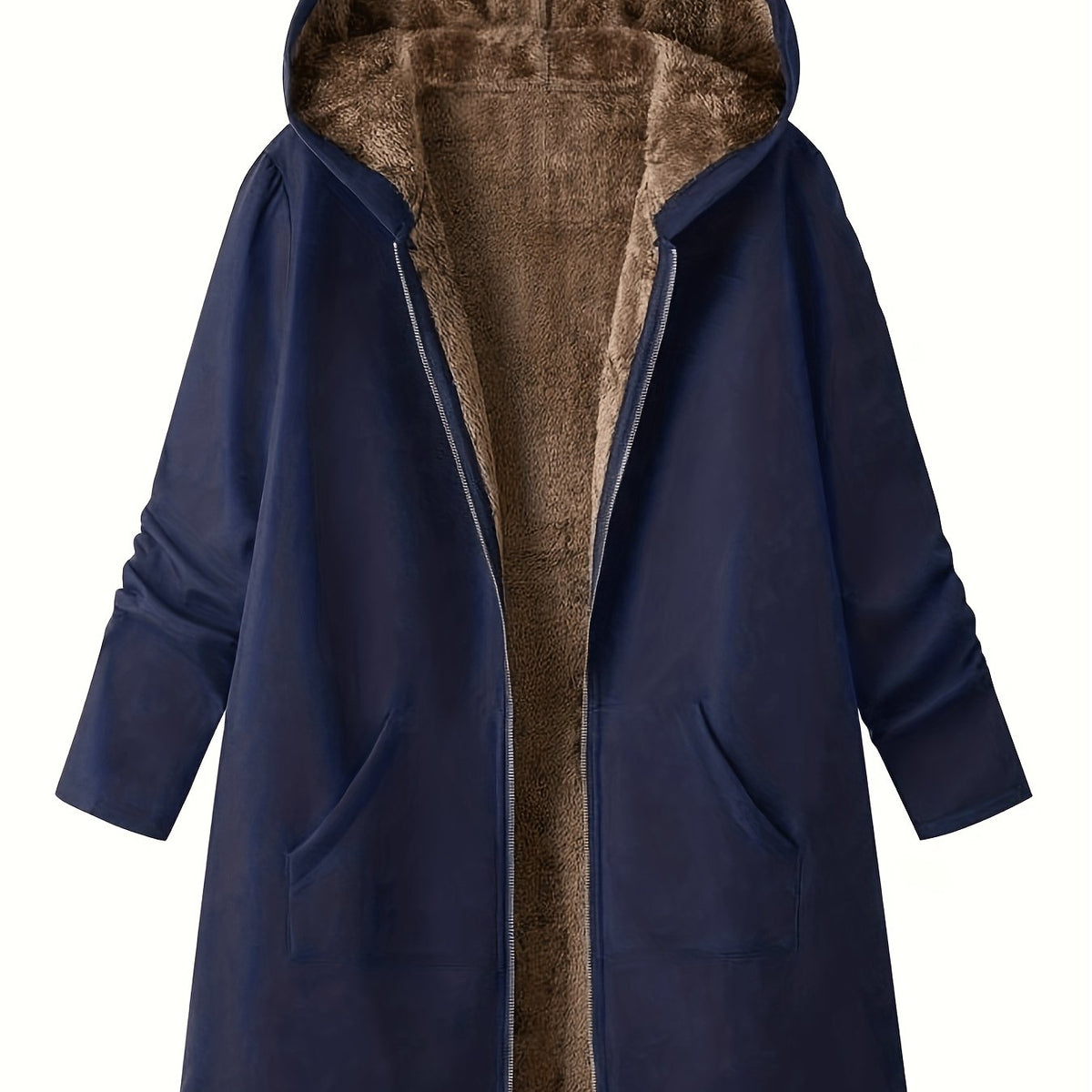 Women's Longline Hooded Winter Coat with Full-Length Zip - Navy