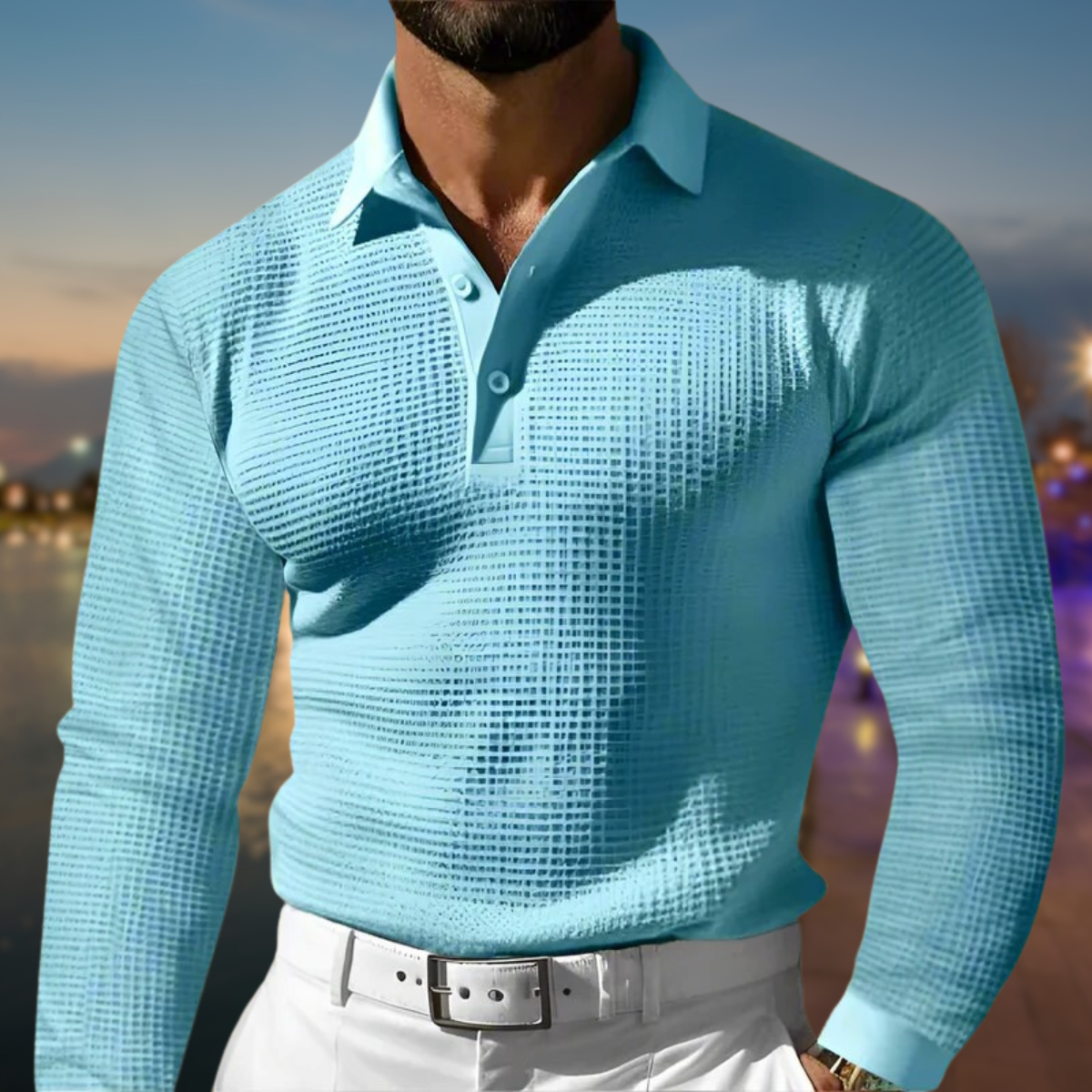 Men's Textured Long Sleeve Polo Shirt with Button Placket
