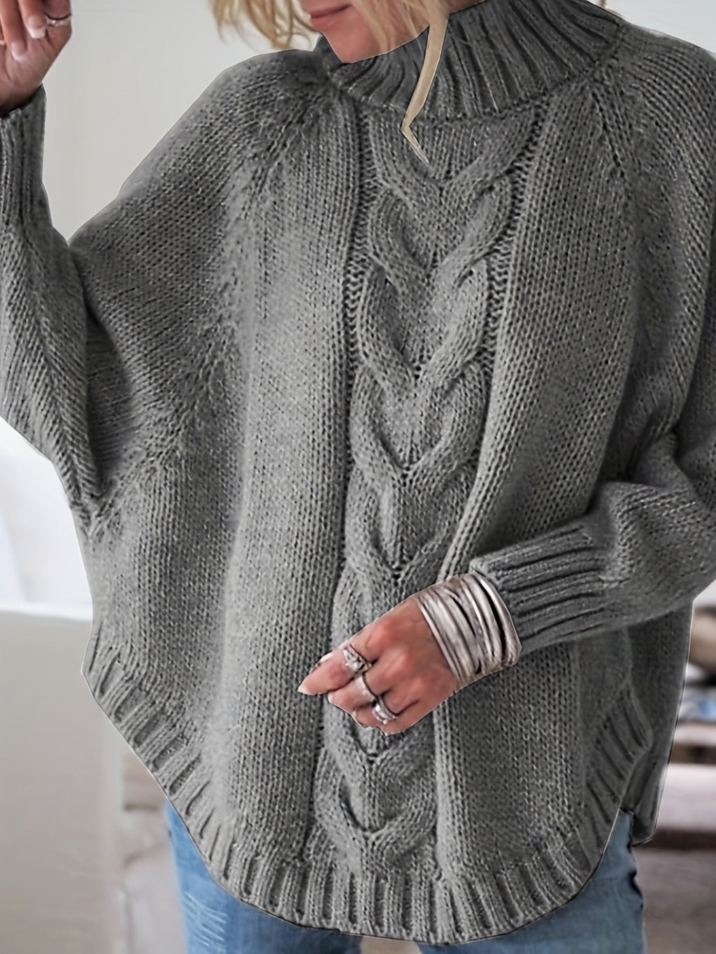 Women's Thick Textured High-Neck Sweater with Cable Detail