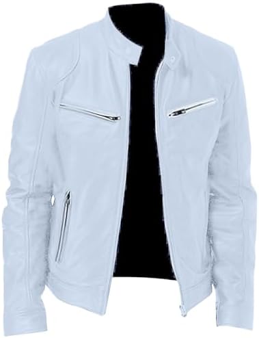 Men's Multi-Pocket Faux Leather Moto Jacket, Stand or Lapel Collar - White
