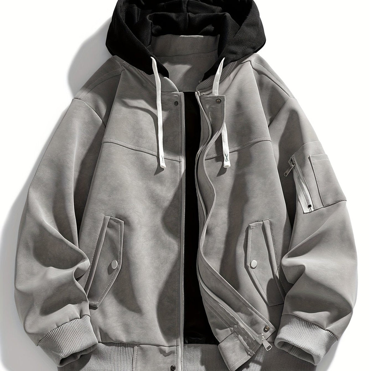 Women's Drawstring Hood Zip Jacket with Ribbed Cuffs and Hem - Gray