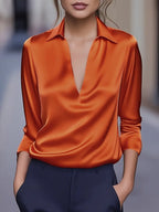 Women's Satin V-Neck Blouse Draped Collar Elegance