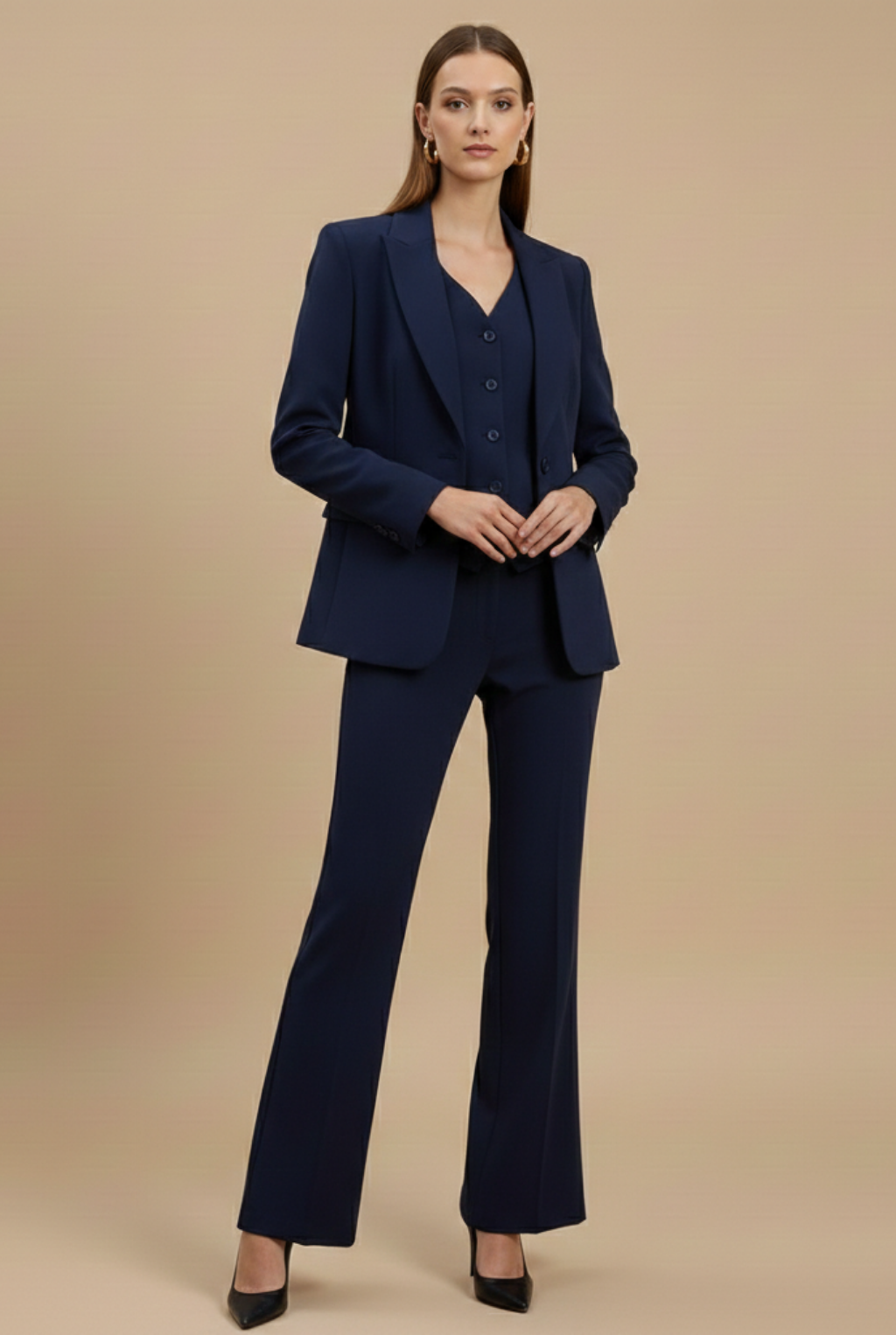 Women's Flared Leg Three-Piece Pantsuit for Formal Events - Navy Blue