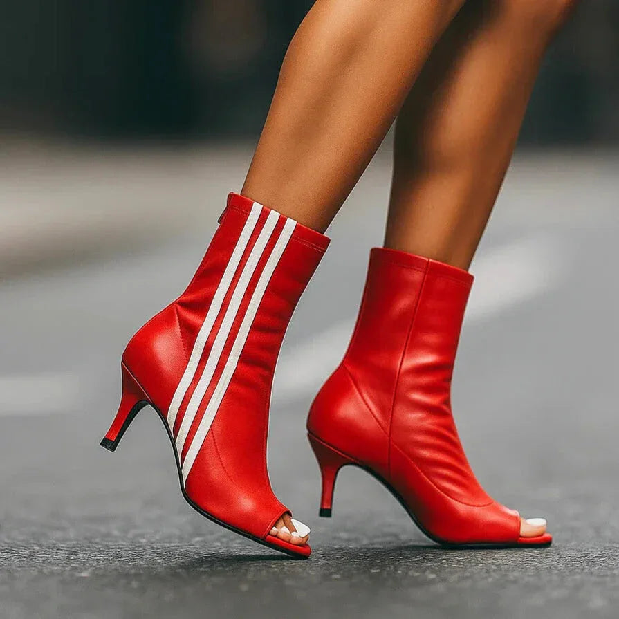 Women's Striped Peep Toe Ankle Boots with Mid Heel