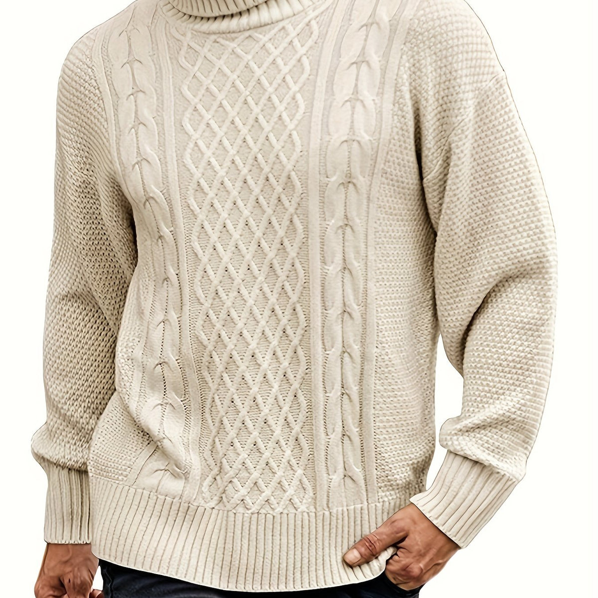 Women's Warm Turtleneck Cable Sweater in 2XL and 3XL - Beige