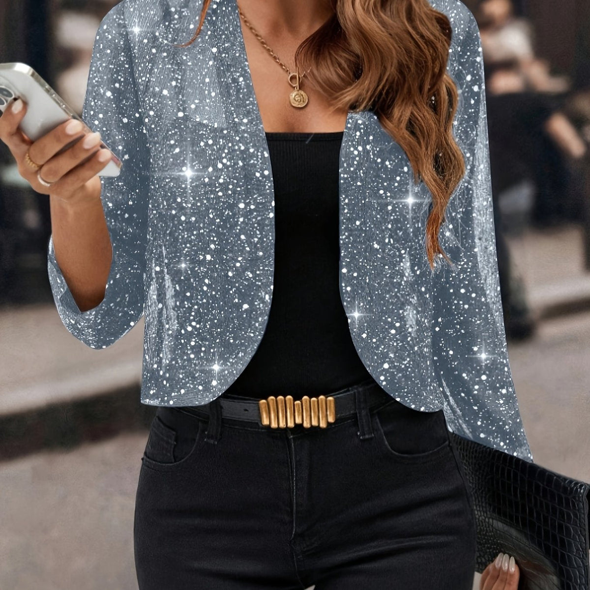 Women's Metallic Knit Open-Front Short Jacket - Sky Blue
