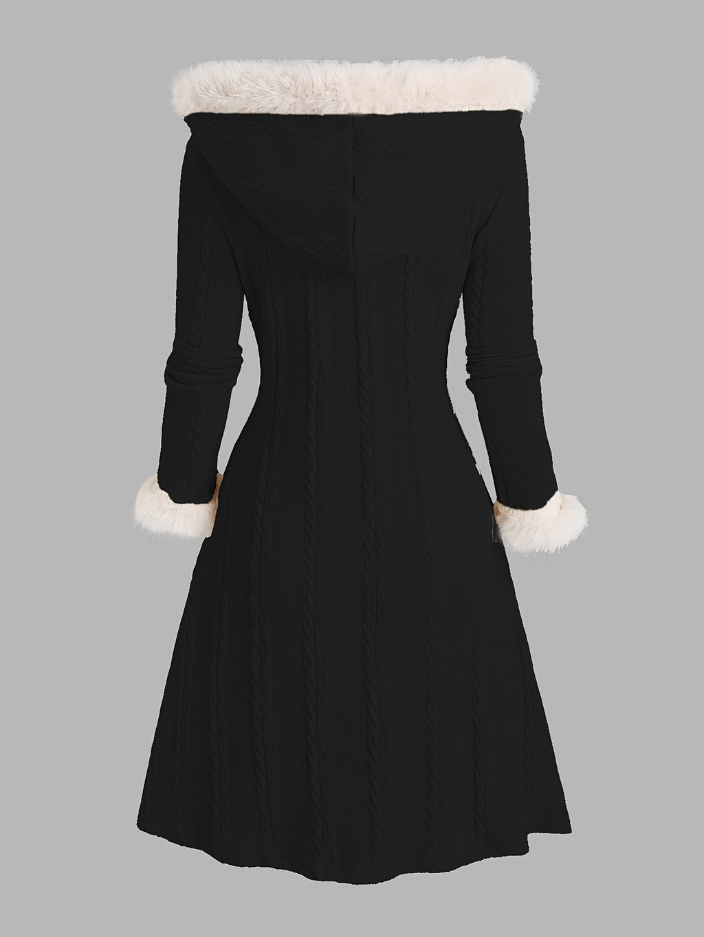 Women's Black Longline Toggle Coat with Faux Fur Trimmed Hood