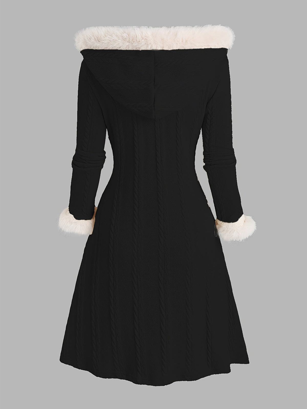 Women's Black Longline Toggle Coat with Faux Fur Trimmed Hood