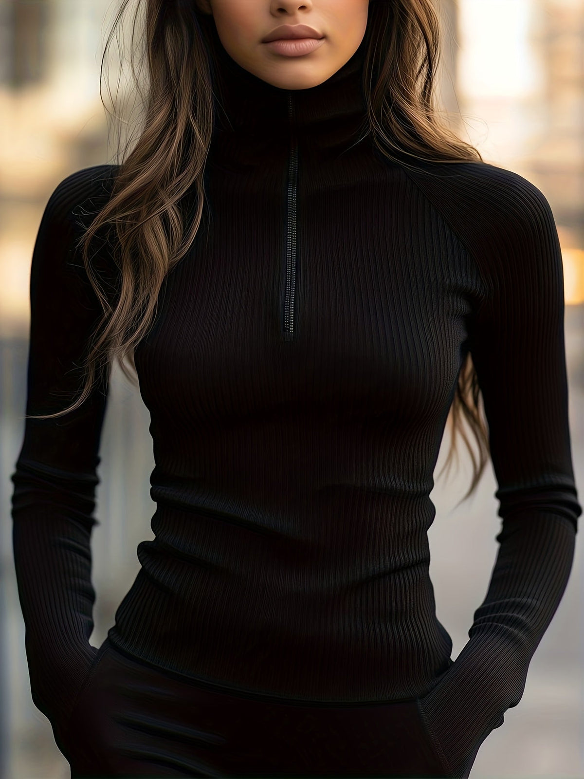 Women's Stretch Rib Knit Zip Collar Long Sleeve Top