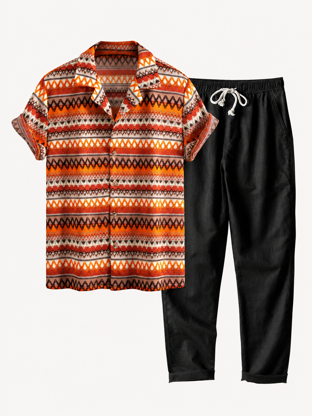 Men's Printed Cuban Shirt and Linen Blend Trousers Summer